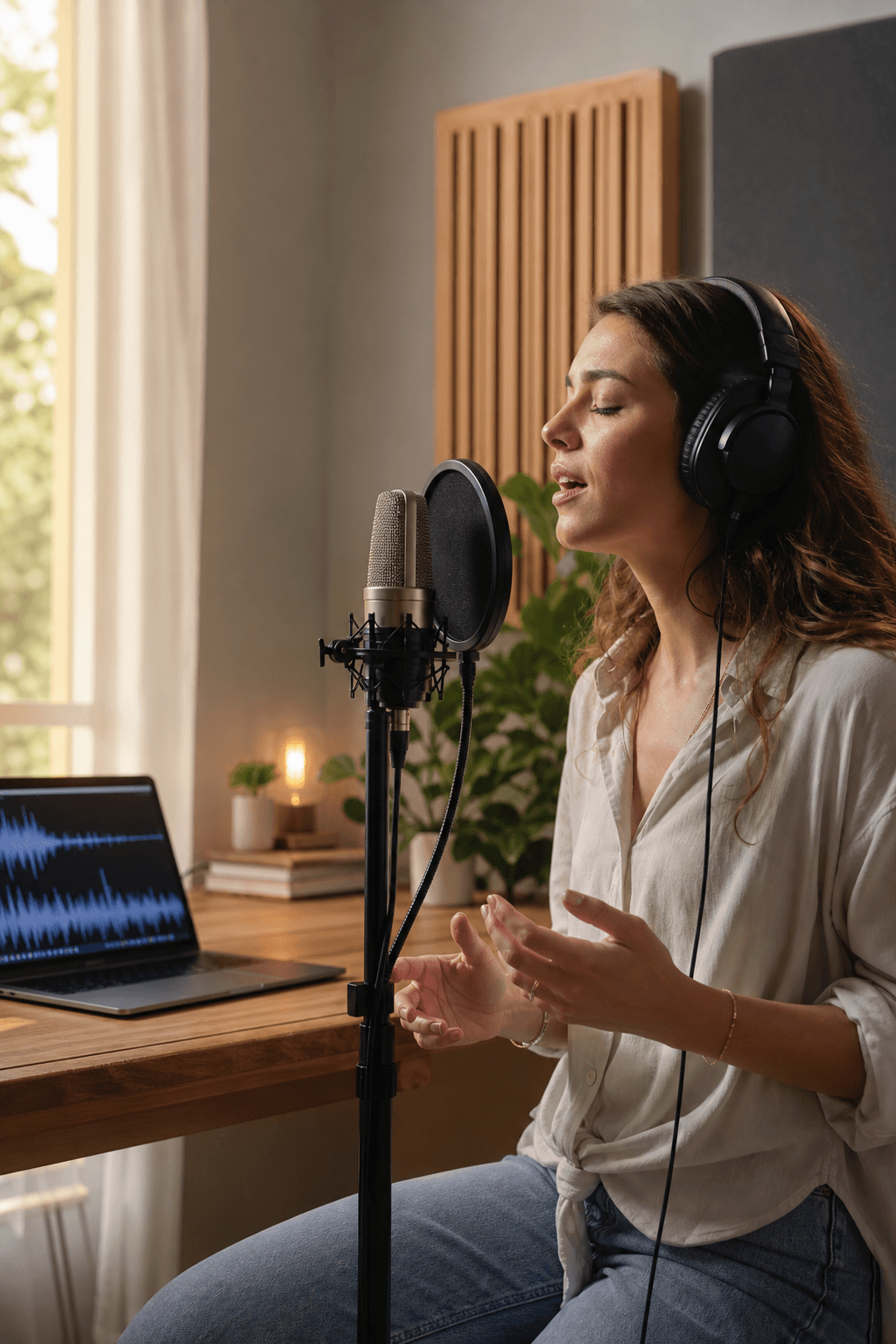 Singer practicing vocals in a home studio