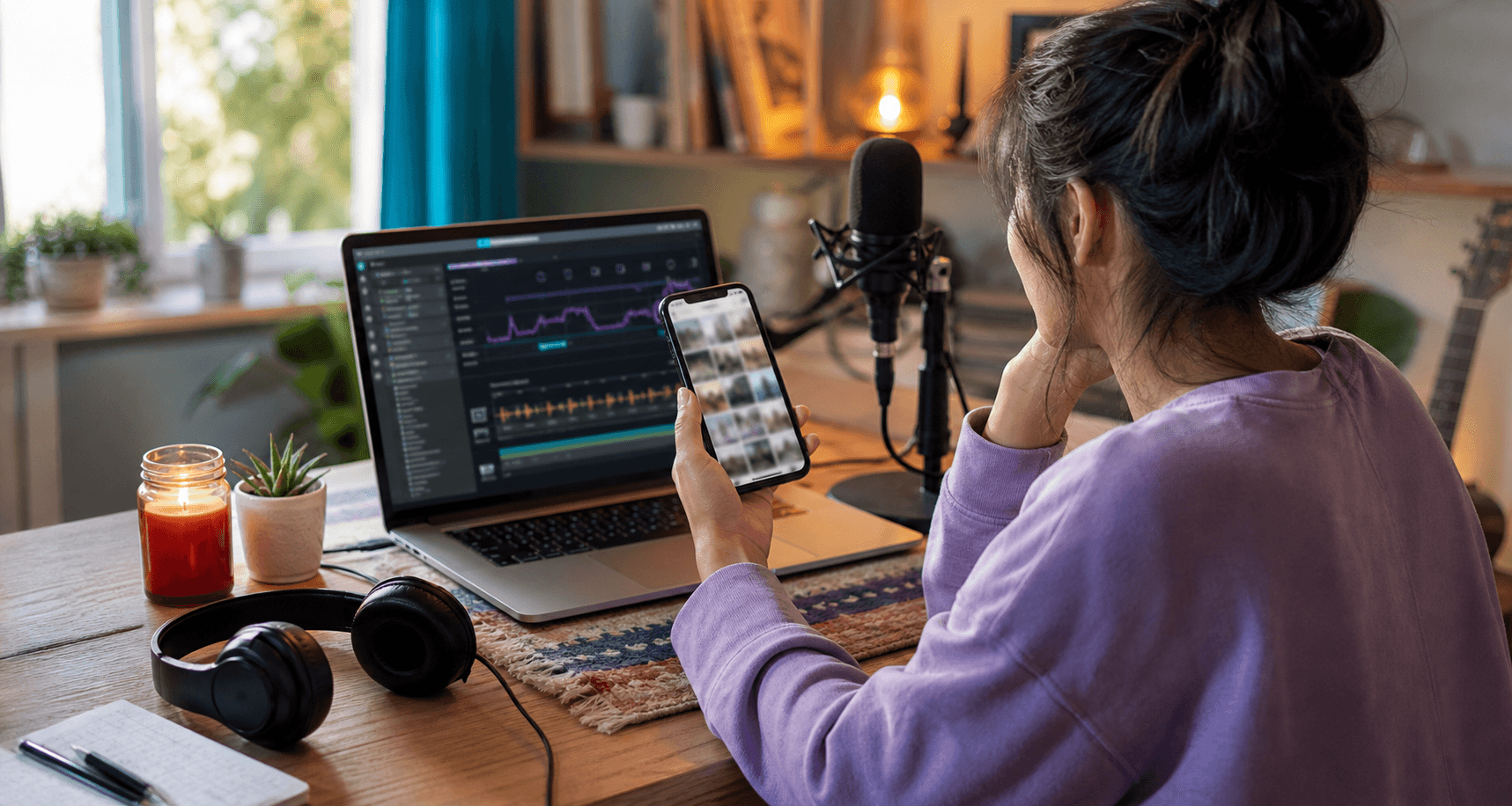 Singer reviewing camera roll clips beside a vocal analysis laptop